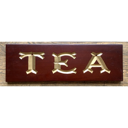 347 - Three mahogany grocer's shop signs, hand carved, gilt decoration, to include Tea, 62cm x 20cm x 2cm,... 