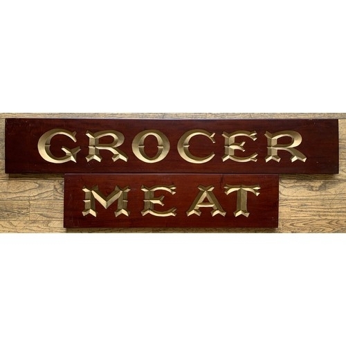 348 - Two mahogany grocer's shop signs, hand carved, gilt decoration, to include Grocers, 123cm x 20cm x 2... 