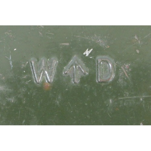 356 - A British Army W.D. green metal light bulb box, part number 39302, H&L, 1951, 10.5 x 8 x 8.5cm, a be... 