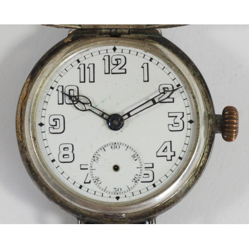 366 - A WWI silver full hunter trench wristwatch, white enamel dial with subsidiary seconds dial, the Swis... 