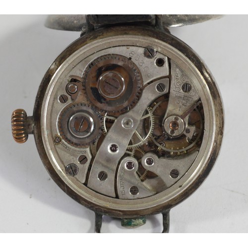 366 - A WWI silver full hunter trench wristwatch, white enamel dial with subsidiary seconds dial, the Swis... 