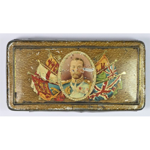 374 - A Rowntrees WWII King George V Christmas tin, for sweets and cigarettes, together with a 4.5Lb shell... 