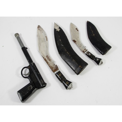 378 - An Indian Kukri with 22cm blade, scabbard, another with a 15cm blade and a Harrington & Son The Cat ... 