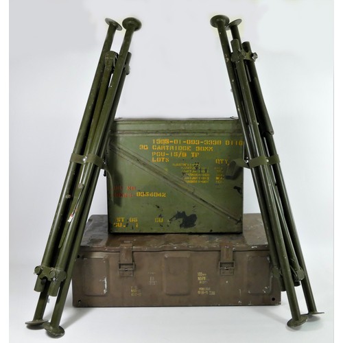 385 - Two Army metal ammo boxes, 65 x 34 x 20cm and 47 x 21 x 37cm together with two collapsible stands