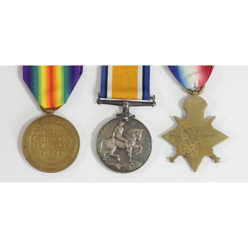 423 - WWI Trio, Victory, War and 1914-15 Star, named 84796 BMBR Cpl J.W. Harriman R.F.A.-R.A.