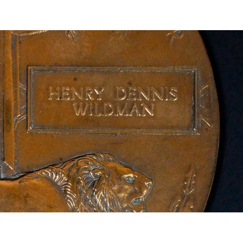 349 - WWI Death Penny, awarded to Henry Dennis Wildman, letter and cardboard case