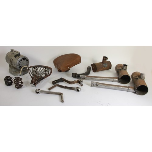 154 - Two vintage seat bases, vintage style exhaust parts and other vintage parts, including brake compone... 