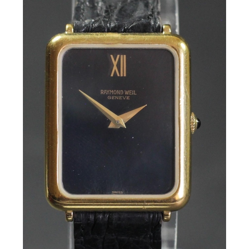 165 - Raymond Wiel, a gilt metal quartz gentleman's wristwatch with black dial, original strap, 26 x 32mm,... 