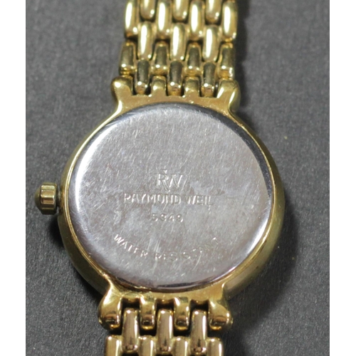 167 - Raymond Weil, a gilt metal date quartz ladies wristwatch, c. 1996, guarantee, spare links, box