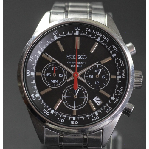 174 - Seiko Chronograph 100M, a stainless steel date gentleman's wristwatch, black dial, ref 6T63-00B0