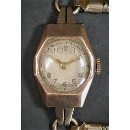 175 - An Art Deco 9ct rose gold ladies manual wind wristwatch, London 1935, 15 jewel movement, gold plated... 