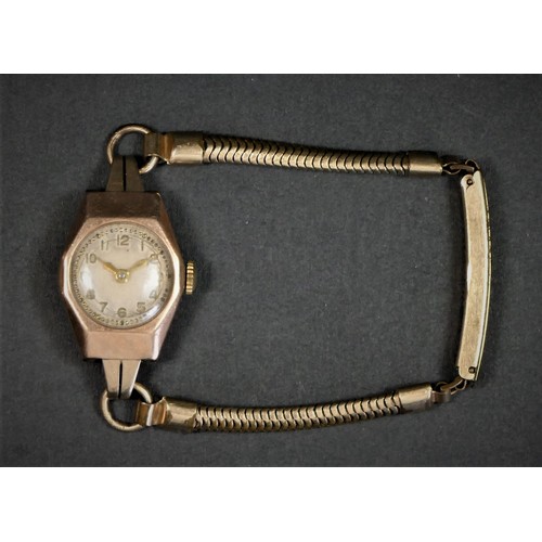 175 - An Art Deco 9ct rose gold ladies manual wind wristwatch, London 1935, 15 jewel movement, gold plated... 