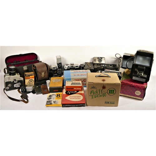 36 - A collection of vintage tech, to include a sewing machine, massage gun, nail dryer, cameras, film sl... 