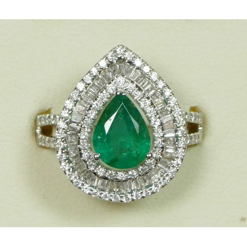 66 - An 18ct white gold emerald and diamond cluster ring, claw set with a pear cut stone, approximately 0... 