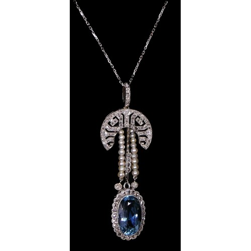 67 - A Belle Epoch aquamarine, pearl and diamond pendant, probably platinum, c.1910-15, milligrain collet... 