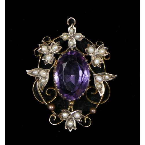 70 - A late Victorian 9ct gold, amethyst and half pearl pendant, 9ct tab, the central mixed cut stone 15 ... 