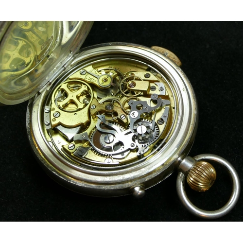 88 - A silver keyless wind full hunter quarter repeating and stop second pocket watch, Chester 1927, whit... 