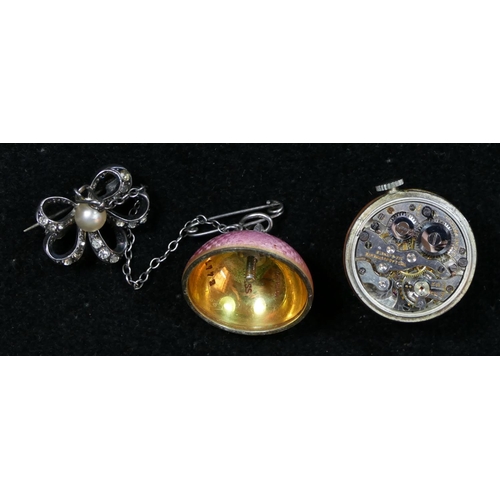 89 - Elaine Watch Company, a Swiss .935 standard silver and pink guilloche enamel ladies ball fob watch, ... 