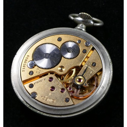 90 - Omega, a nickel open face keyless wind pocket watch, c.1964, Arabic numerals with subsidiary seconds... 