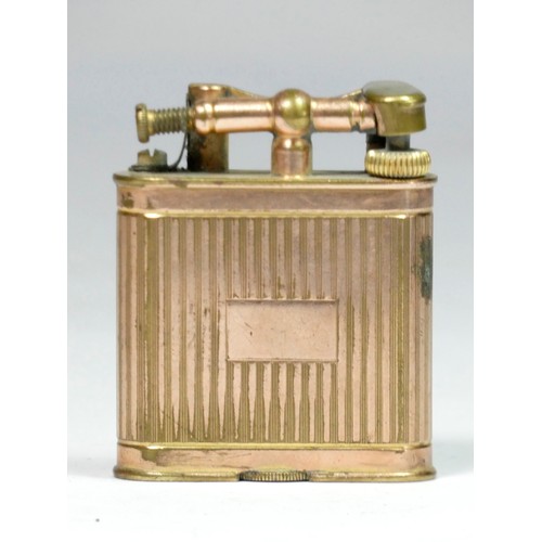 117 - Dunhill, a vintage gold plated lifting arm petrol lighter, dated 1925, with engine turned decoration... 