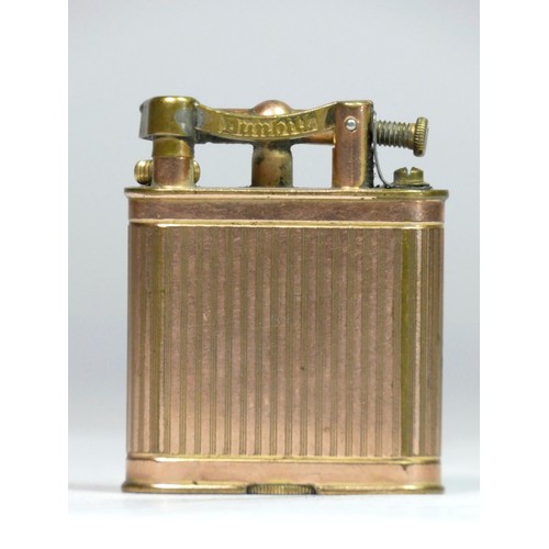 117 - Dunhill, a vintage gold plated lifting arm petrol lighter, dated 1925, with engine turned decoration... 