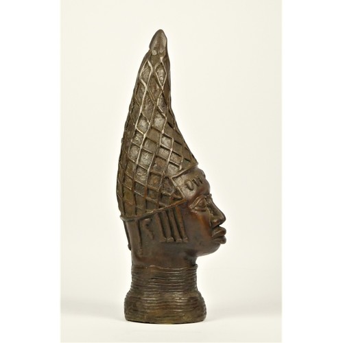 120 - A bronze Benin head sculpture, depicting Iyoba Idia, the Queen Mother, 34cm.