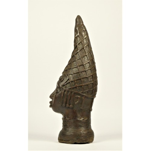 120 - A bronze Benin head sculpture, depicting Iyoba Idia, the Queen Mother, 34cm.