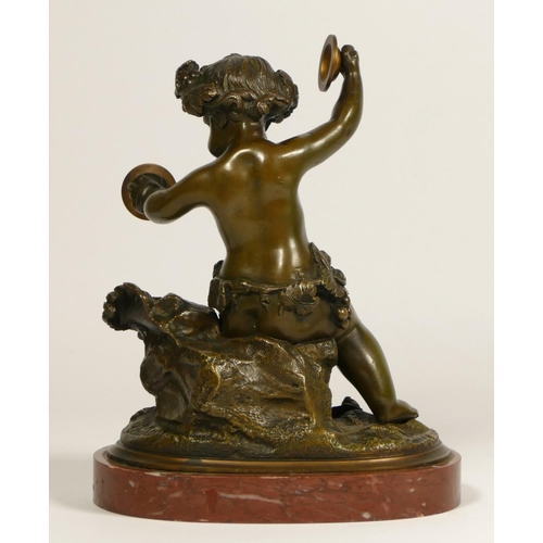 123 - After Claude Michel, known as Clodion (1738 - 1814), a 20th century bronze cherub with cymbals, bear... 