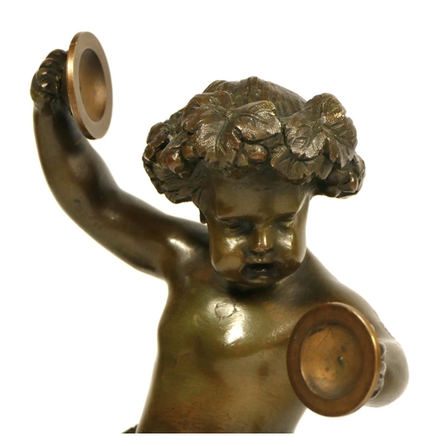 123 - After Claude Michel, known as Clodion (1738 - 1814), a 20th century bronze cherub with cymbals, bear... 