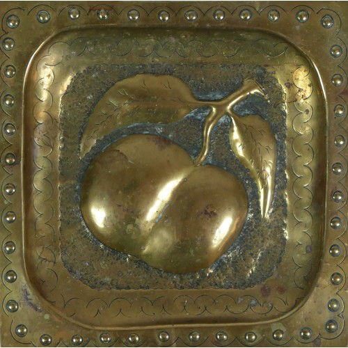 133 - Three Arts and Craft brass panels, each hammered with apples and a pear, mahogany framed, 21cm and 2... 