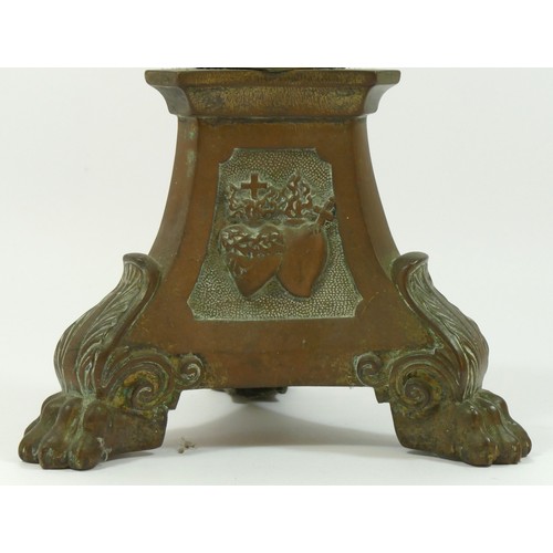 134 - A 19th century church altar pricket candlestick, impressed panels depicting Jesus, Mary and Sacred H... 