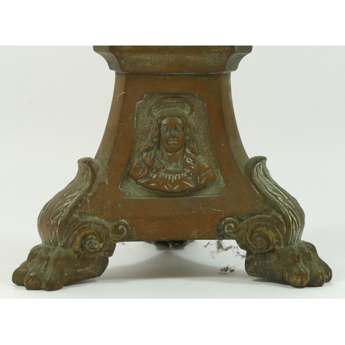 134 - A 19th century church altar pricket candlestick, impressed panels depicting Jesus, Mary and Sacred H... 