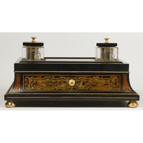 139 - A Victorian style Boulle desk stand, with brass inlay and faux tortoiseshell decoration, two pen tra... 