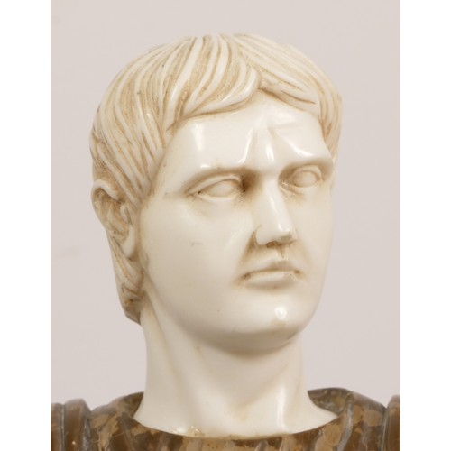 129 - A white and variegated marble bust of a Roman Emperor, raised on a pedestal, 30cm