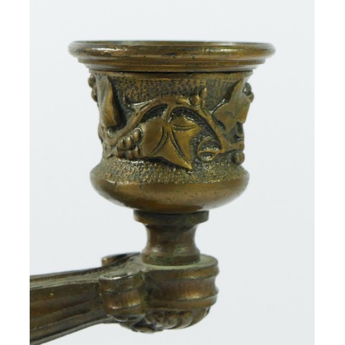 148 - A late 19th/early 20th century candelabra, bronzed cast metal on a black slate column (later convert... 