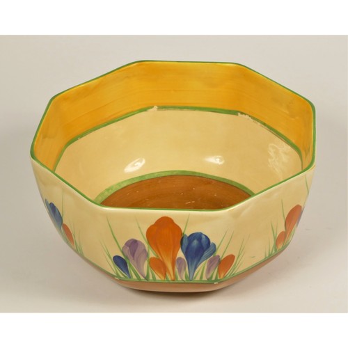 156 - Clarice Cliff, a Crocus pattern octagonal bowl, 19cm, a salt pot with cover and a Gayday pattern pre... 