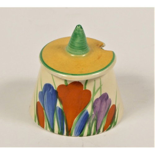 156 - Clarice Cliff, a Crocus pattern octagonal bowl, 19cm, a salt pot with cover and a Gayday pattern pre... 