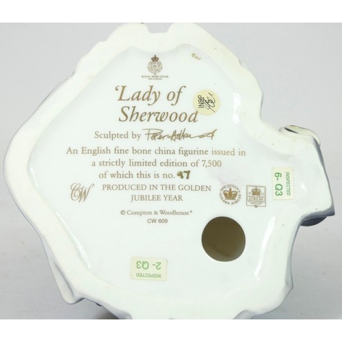 166 - Royal Worcester bone china figurines, to include 'Lady Of Sherwood' ltd edition 97/7500, together wi... 