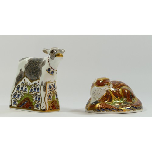 173 - Two Royal Crown Derby paperweights, 'Bluebell Calf', gold stopper, 'Otter', gold stopper, both boxed... 