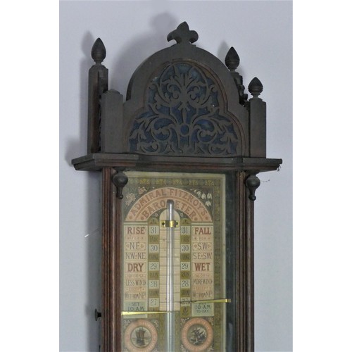 201 - A Victorian Admiral Fitzroy mahogany barometer, with two vernier gauges, fretwork surmount, 113cm