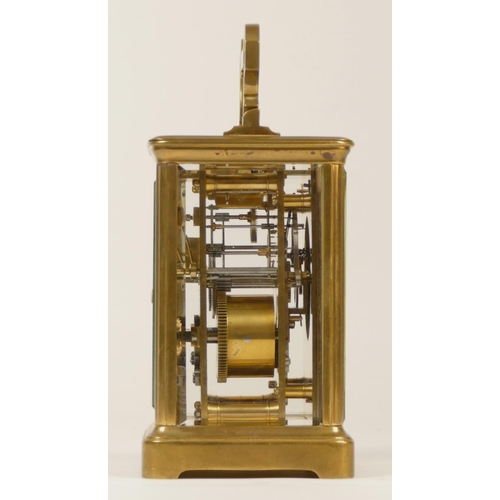 206 - A late 19th century brass striking carriage clock, Arabic numerals, striking the hours and half on a... 