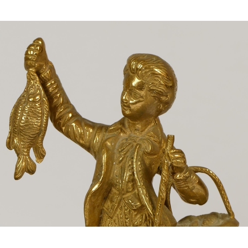 217 - An Italian brass 8 day mantel clock, the eight day clock with boy holding a fish, raised on a scroll... 