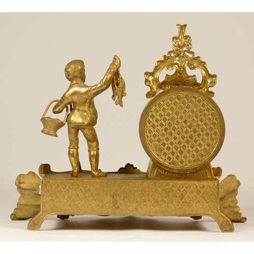 217 - An Italian brass 8 day mantel clock, the eight day clock with boy holding a fish, raised on a scroll... 