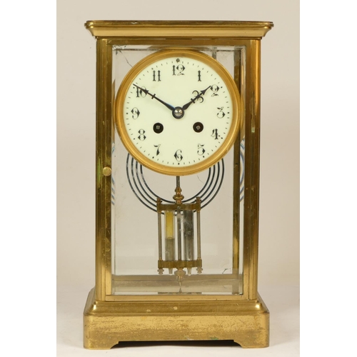 223 - A 19th Century French brass four glass and gilt metal eight day mantel clock, with plain case, mercu... 