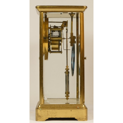 223 - A 19th Century French brass four glass and gilt metal eight day mantel clock, with plain case, mercu... 