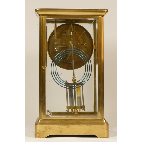 223 - A 19th Century French brass four glass and gilt metal eight day mantel clock, with plain case, mercu... 