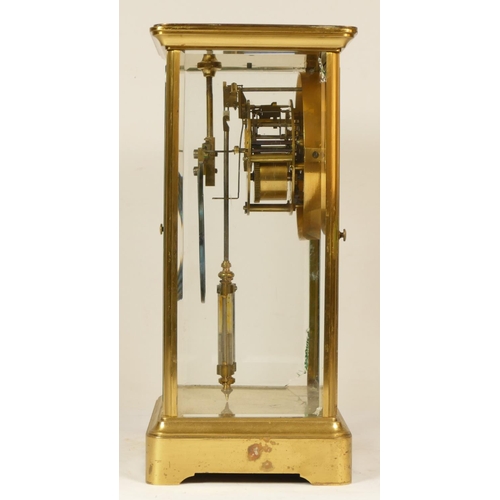 223 - A 19th Century French brass four glass and gilt metal eight day mantel clock, with plain case, mercu... 