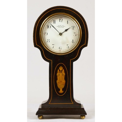 224 - An Edwardian mahogany mantel clock with boxwood inlay, retailed by Kendal & Dent, Cheapside, French ... 