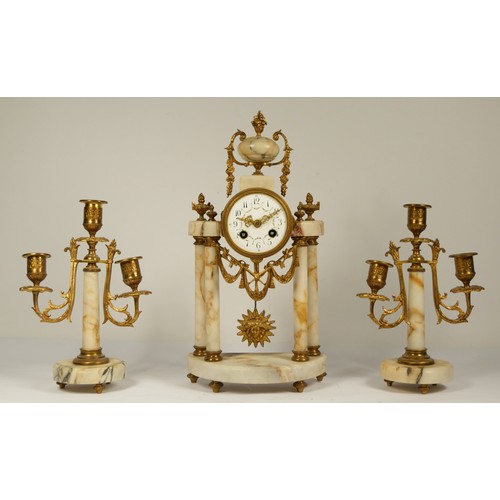 232 - Japy Freres et Cie, Paris, a late 19th century French clock garniture, with columns, sunburst pendul... 