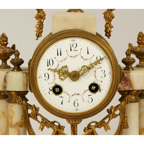 232 - Japy Freres et Cie, Paris, a late 19th century French clock garniture, with columns, sunburst pendul... 